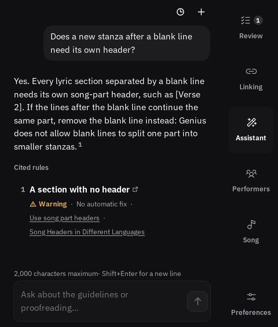 The Assistant tab with one question about headers after a blank line. The answer cites the check for a section with no header, with its severity and its two Genius sources.