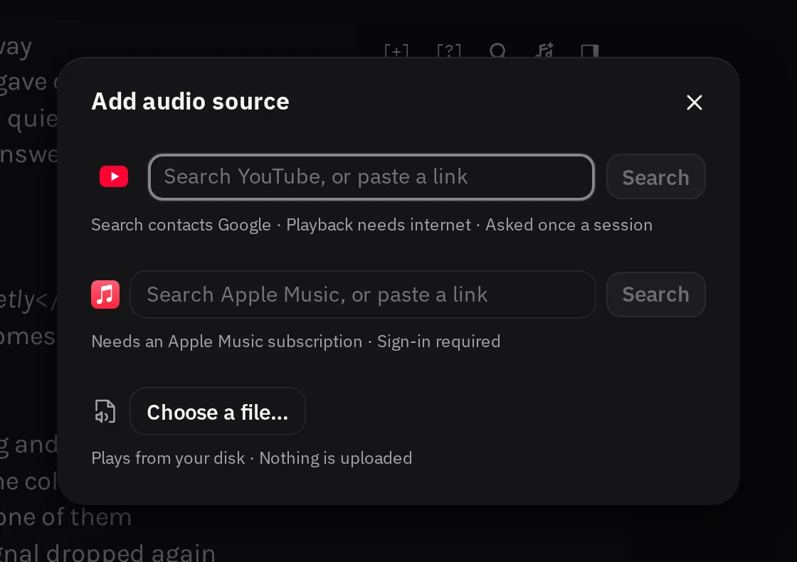 The Add audio source dialog open over the workbench, with a field for each streaming source and a Choose a file button at the foot.
