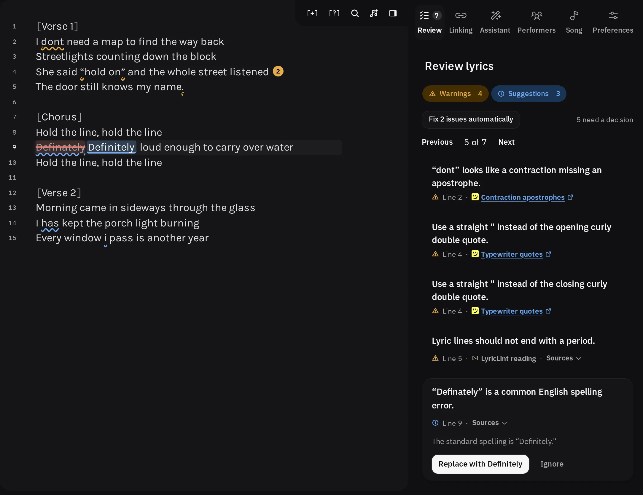 The Review tab with one finding expanded. It shows the message, the line number and cited source, an explanation, and a fix button, while the lyrics show the fix as a preview.