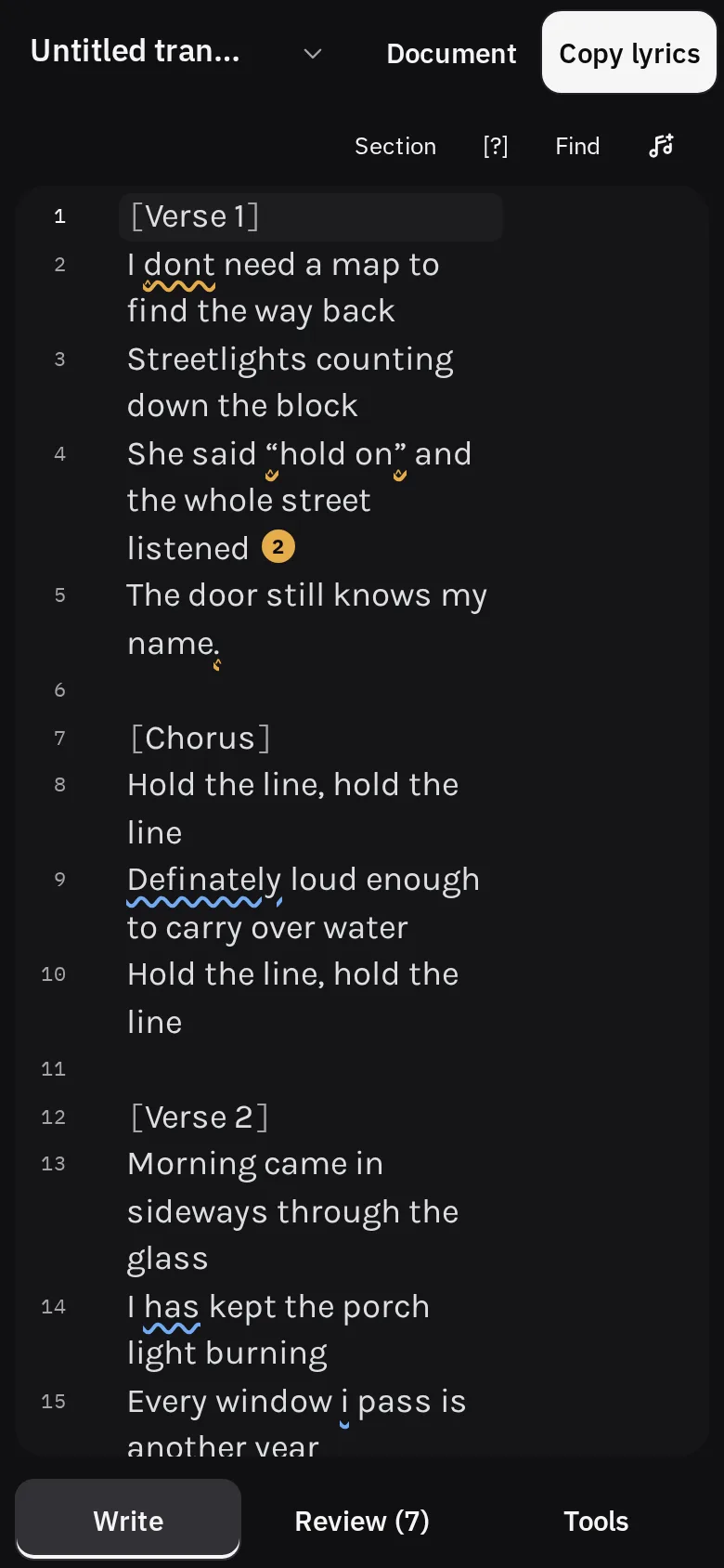 The workbench on a phone, with the lyrics filling the screen and the Write, Review, and Tools buttons along the bottom.