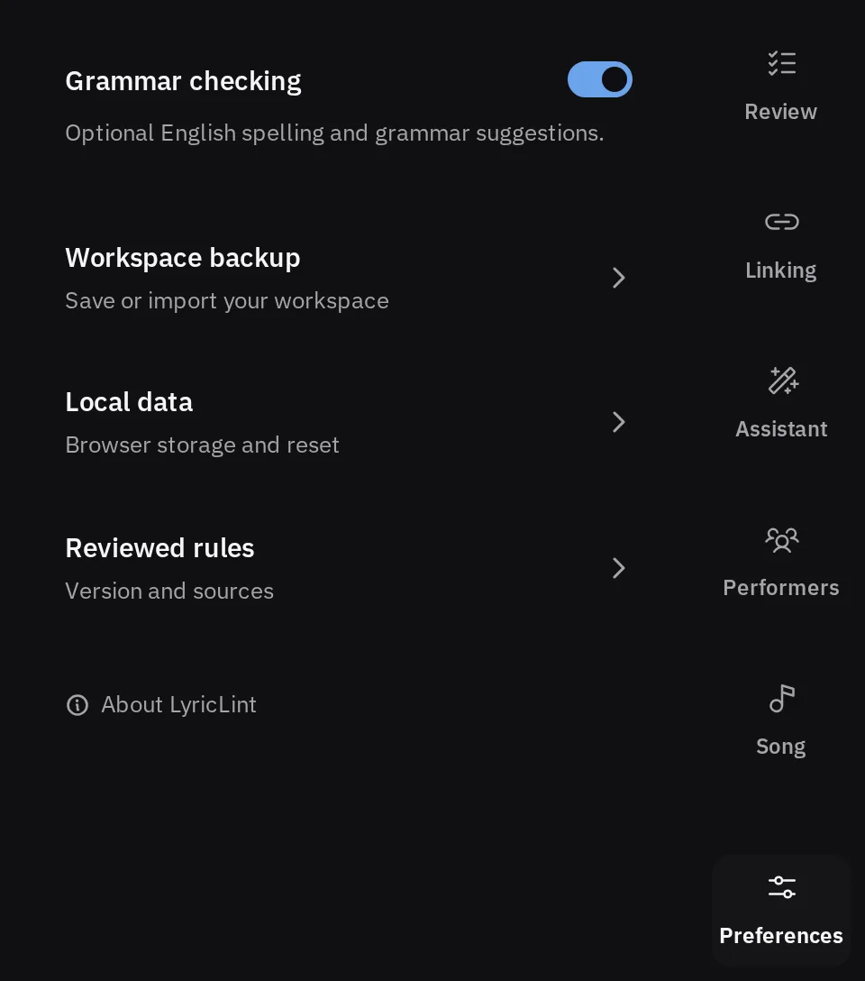 The Preferences tab, listing Grammar checking with its switch, then Workspace backup, Local data, and Reviewed rules, with About LyricLint at the foot.