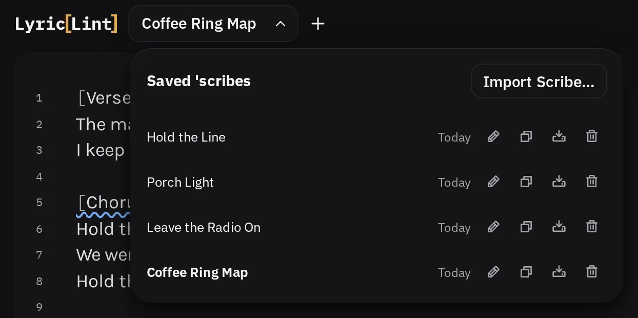 The Saved 'scribes menu open under the title, listing several 'scribes with their dates.