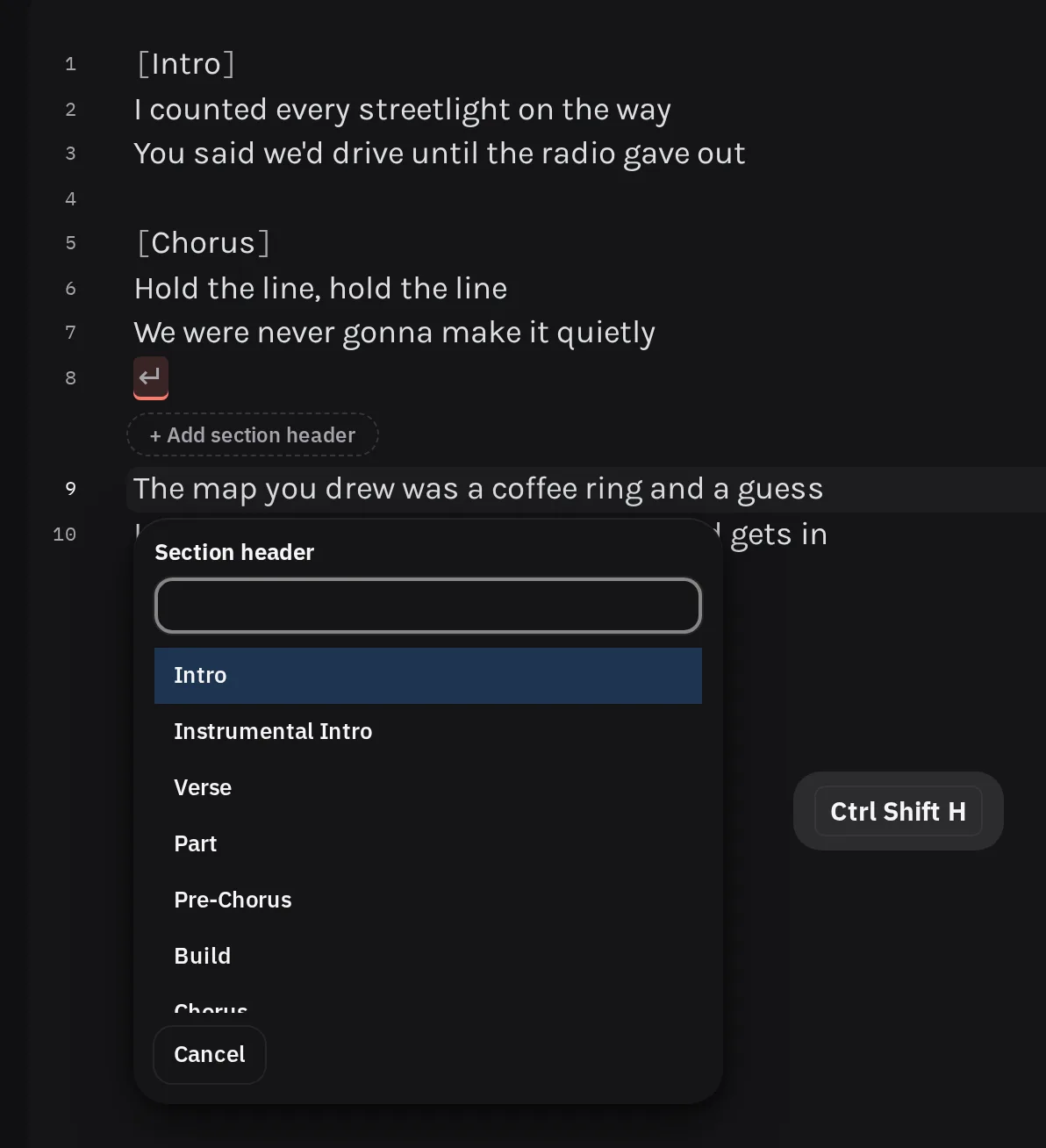 The section header picker open above a lyric section, with a search field and a list of headers in song order: Intro, Verse, Pre-Chorus, Chorus, and so on.